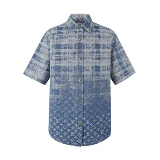 LV Denim Short-Sleeved Shirt Bleached-Effect Jacquard