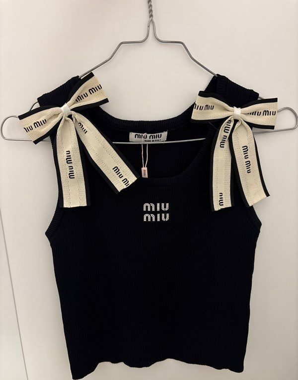 Miu Miu Black Bow Accents Ribbed Jersey Top