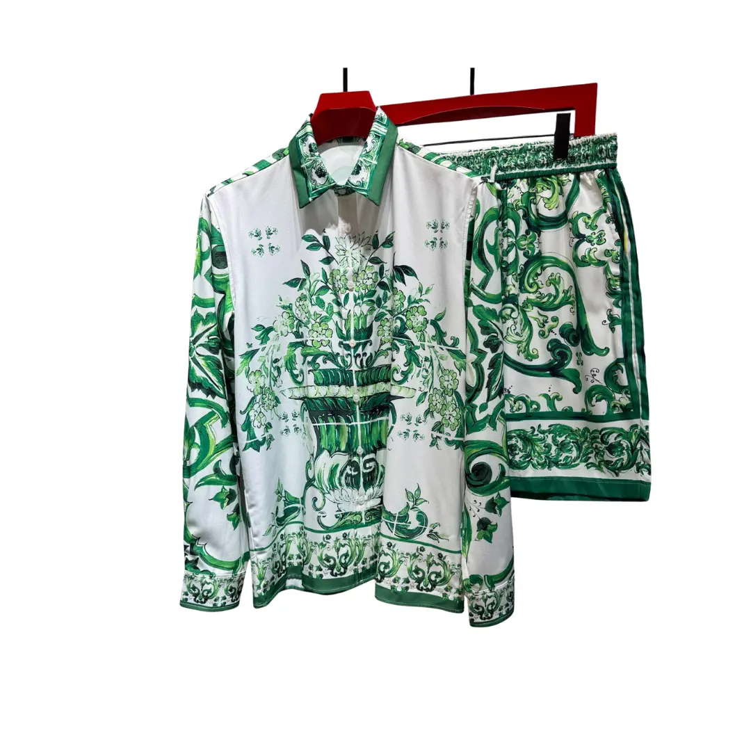 Dolce & Gabbana Green And White Silk Shirt And Shorts Set