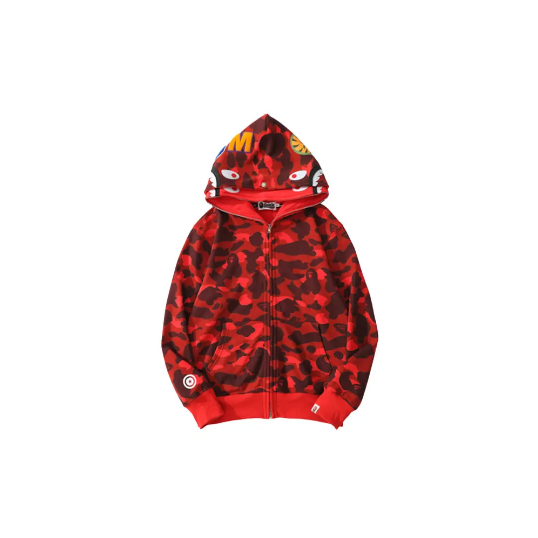 BAPE Shark Full Zip Double Hooded Hoodie Camouflage Red