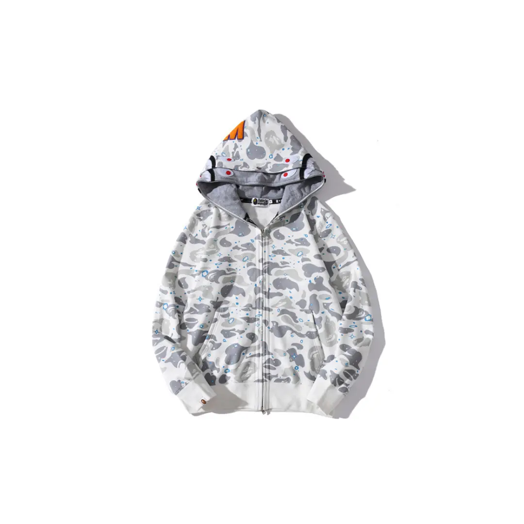 BAPE Shark Head Glow In The Dark Polka Dot Full Zip Double Hooded Hoodie Camouflage White M2