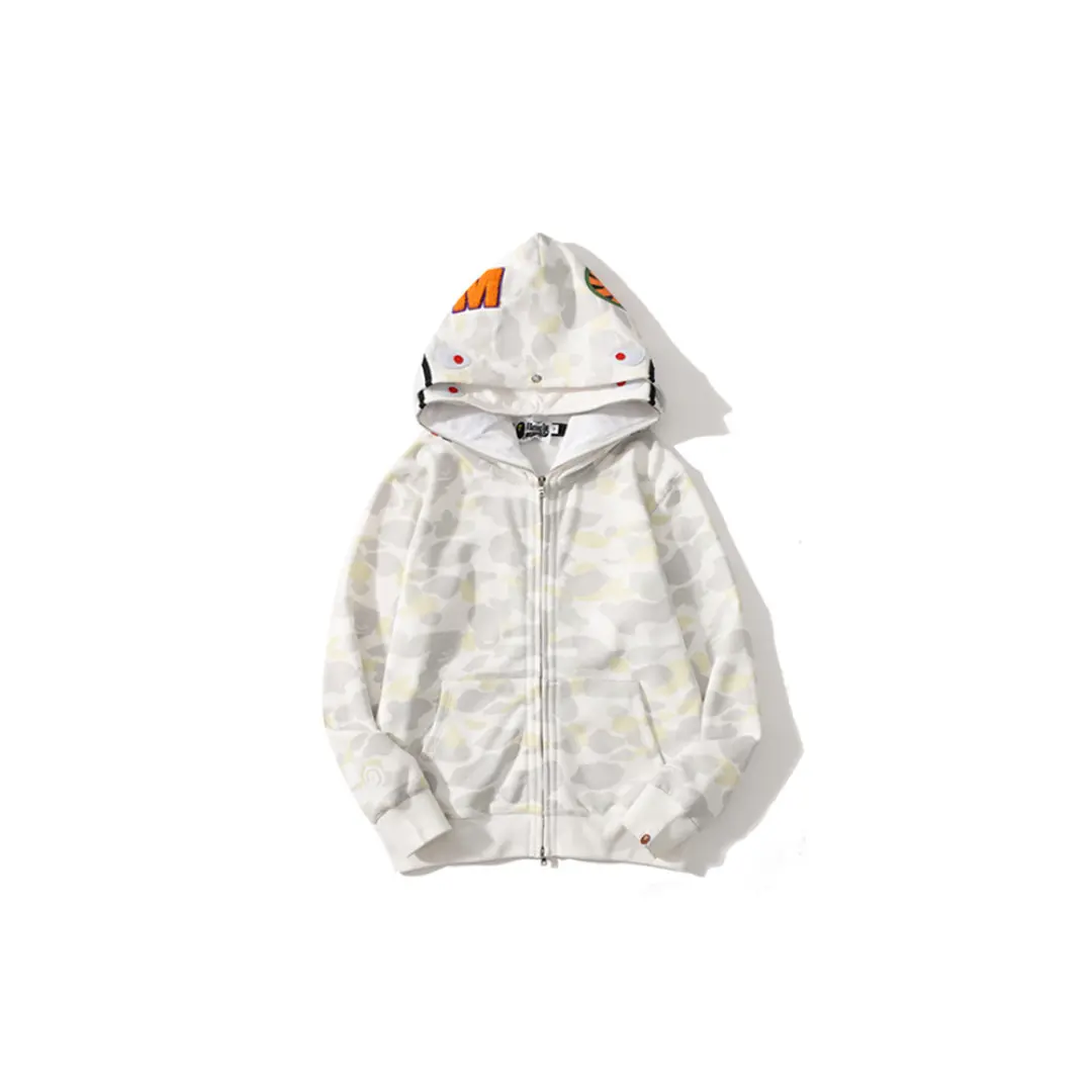BAPE Shark Head Glow In The Dark Polka Dot Full Zip Double Hooded Hoodie Camouflage White