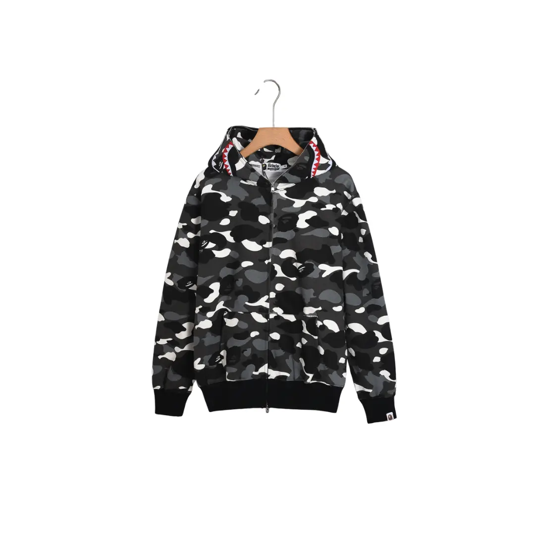 BAPE Shark Head Glow In The Dark Polka Dot Full Zip Double Hooded Hoodie Camouflage Black With White Dot