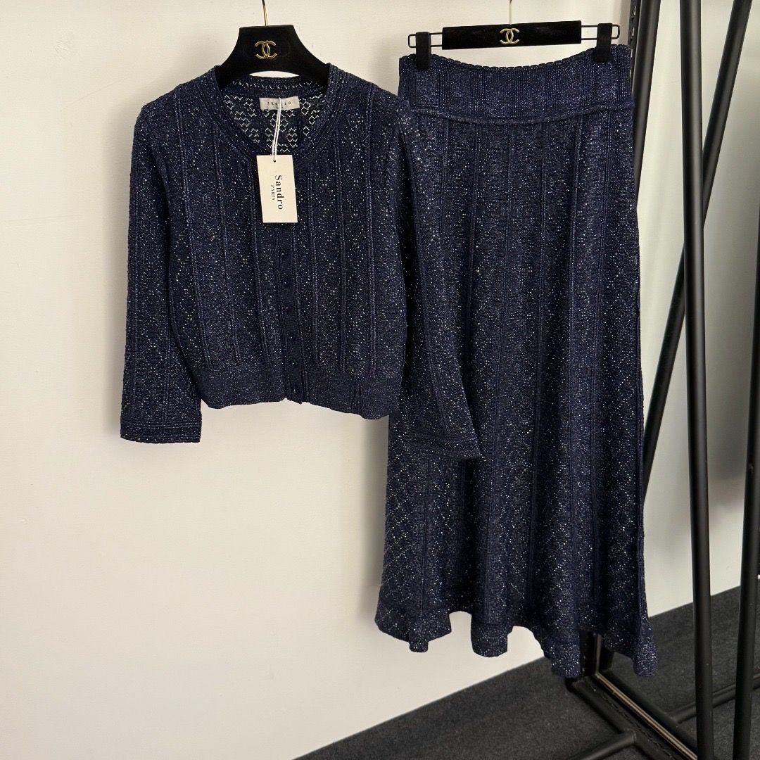 WhatsApp Image 2026-05-08 at 6.43.42 PM (1) Sandro Rhinestone-Knit Maxi Navy Blue Skirt And Cropped Cardigan - Image 1
