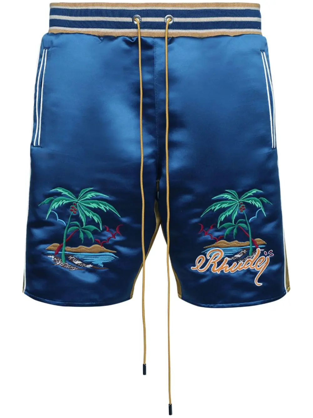 22700443_52744476_1000 RHUDE Palm Eagles Satin Shorts Blue - Image 1