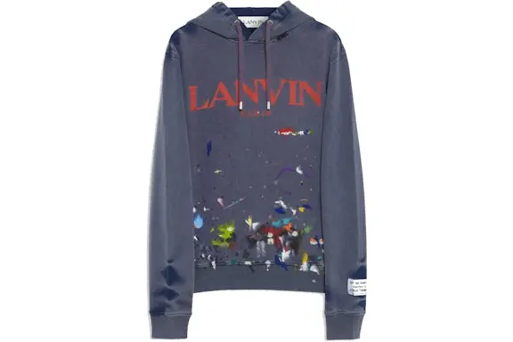 Lanvin-x-Gallery-Department-Logo-Hoodie-With-A-Worn-Effect-And-Paint-Marks-Navy-Blue Lanvin x Gallery Abt.. Distressed Logo Hoodie Navy Blue - Image 1