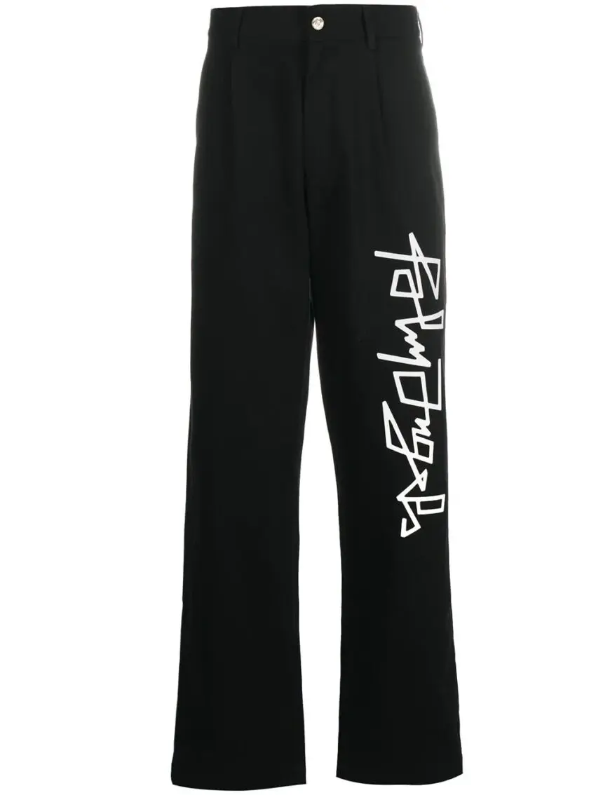 Palm-angels-logo-print-straight-leg-trousers-e1618658026980 Palm Angels Desert Logo Print Chinos Black - Image 1