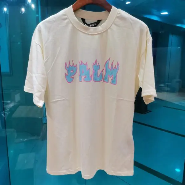 TSHP2078-1-600x600-1 Palm Angels Flames Logo Print T-shirt Cream White - Image 1