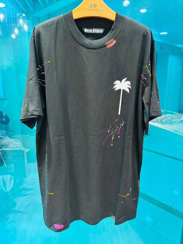 TSHP2080-1-600x800-1 Palm Angels Paint Splatter Logo-Print T-shirt Black - Image 1