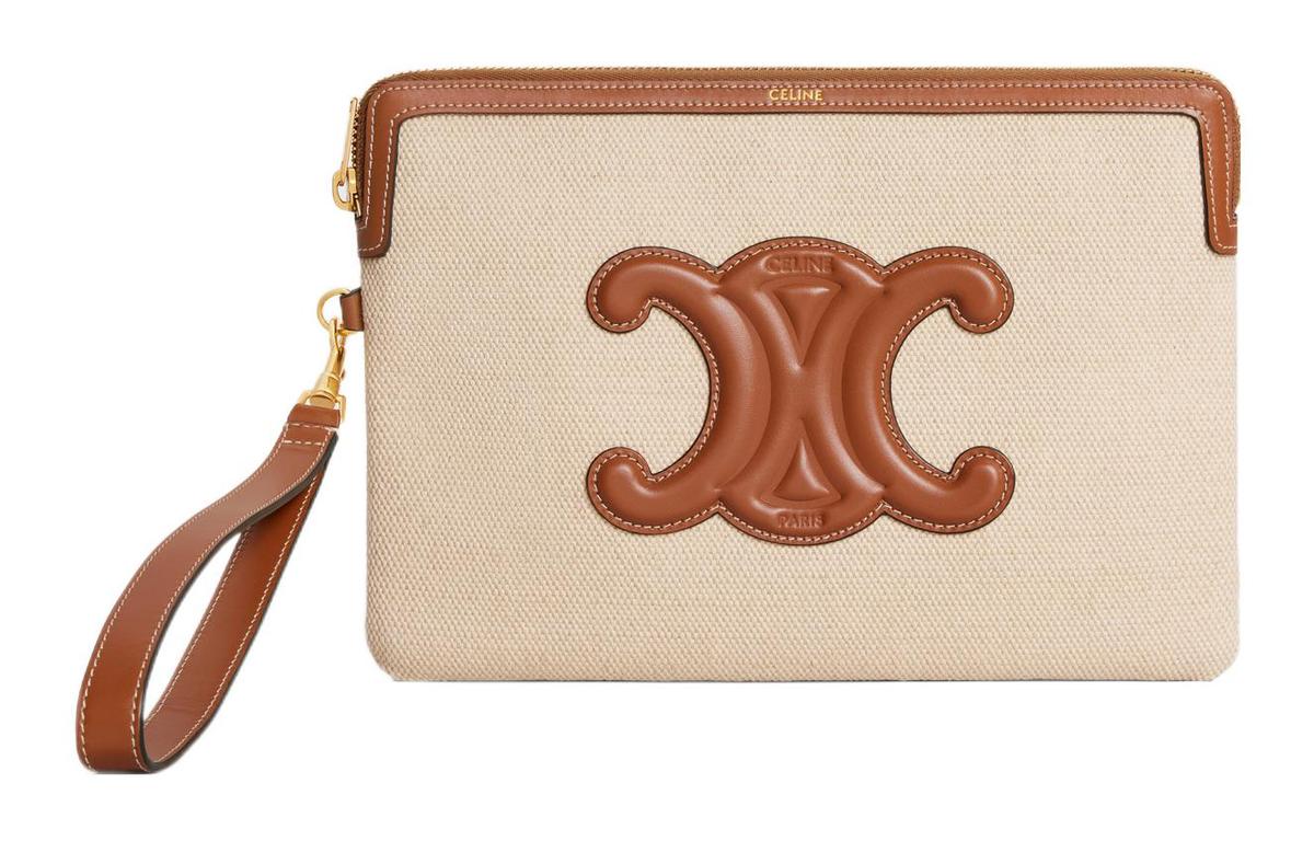 10J502EW1-02NT-celine-fabric-with-calfskin-trim-handbag-wrist-bag-clutch-small-size-women-s-brown-1 Celine Cuir Triomphe Logo Pouch With Strap - Image 1