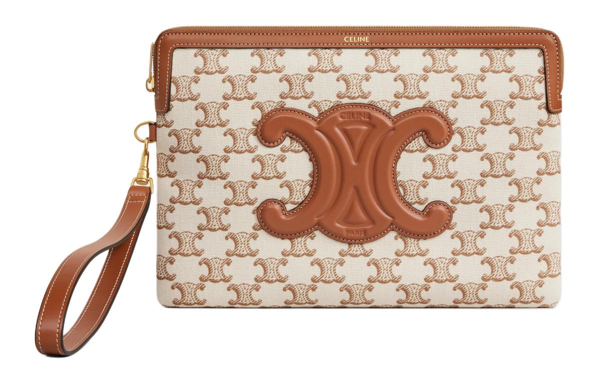 10J502FCU-01BC-celine-triomphe-calfskin-trim-clutch-small-size-women-s-brown-1 Celine Small Triomphe Print Pouch With Strap - Image 1