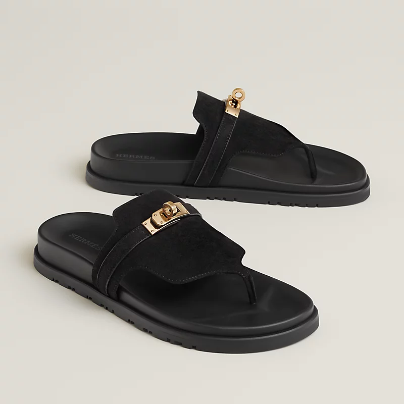 empire-sandal--231071Z 02-front-wm-1-0-0-800-800_g Hermès Empire Black Suede Sandals - Image 1